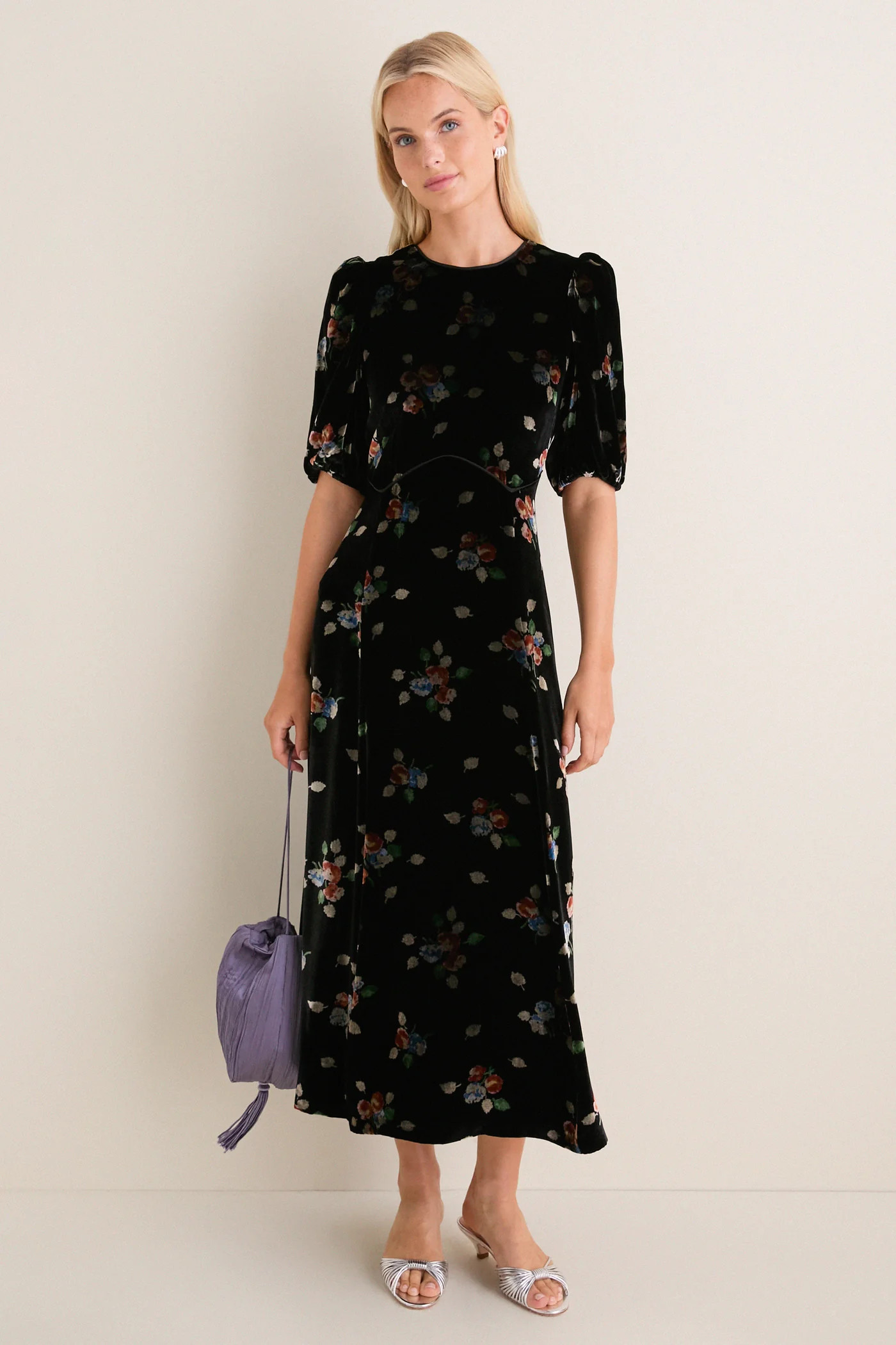 Black Leda Velvet Puff Sleeve Midi Dress | Tuckernuck (US)