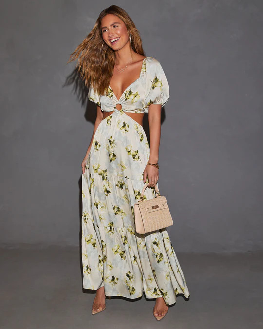Cambria Satin Floral Puff Sleeve Maxi Dress | VICI