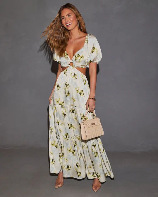Cambria Satin Floral Puff Sleeve Maxi Dress | VICI Collection