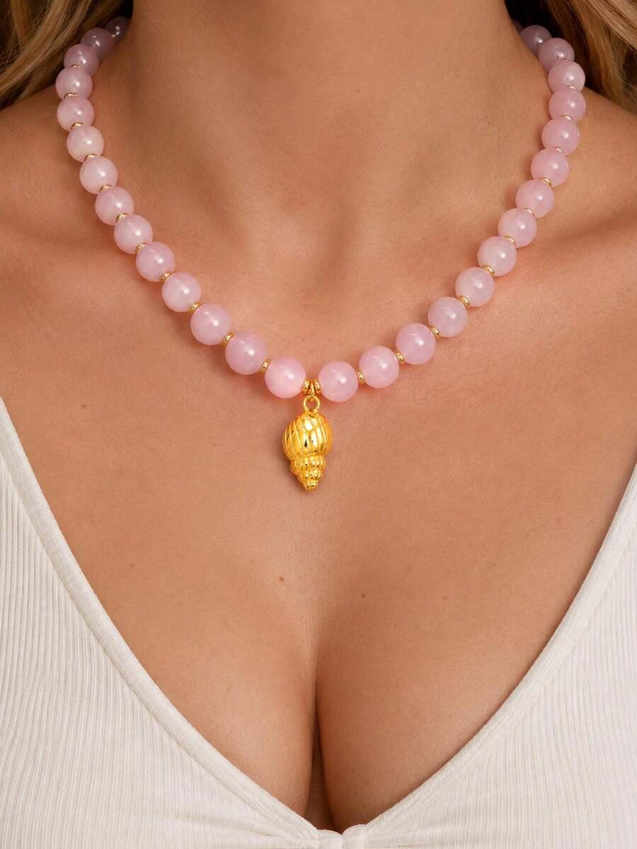 NEW1pc Fashion Simple Exaggerated Pink Bohemian Seashell Pendant Beaded Necklace For Women, Summe... | SHEIN