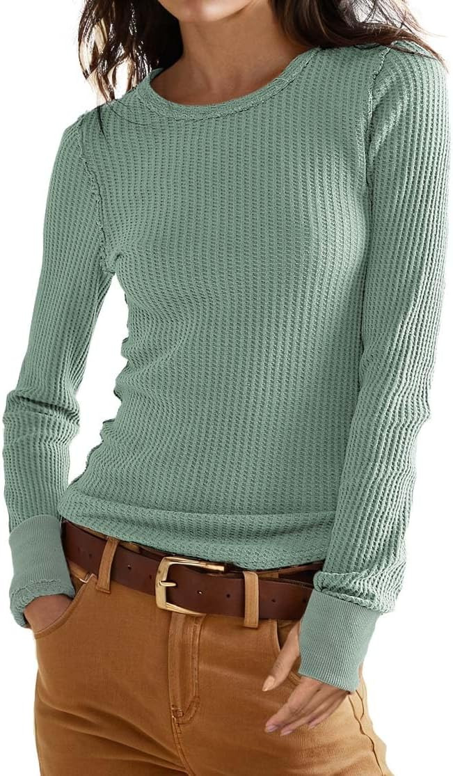 GRECERELLE Waffle Knit Long Sleeve Shirts for Women Crew Neck Slim Fitted Going Out Tops Y2k Outf... | Amazon (US)