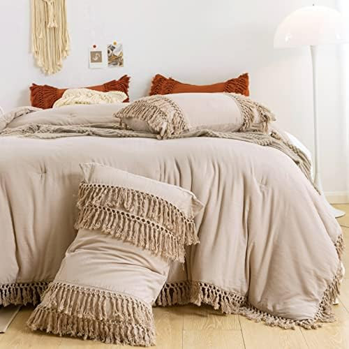 SexyTown Taupe Boho Tassel Bedding King Comforter Sets,Tufted Fringe Farmhouse Shabby Rustic Chic In | Amazon (US)
