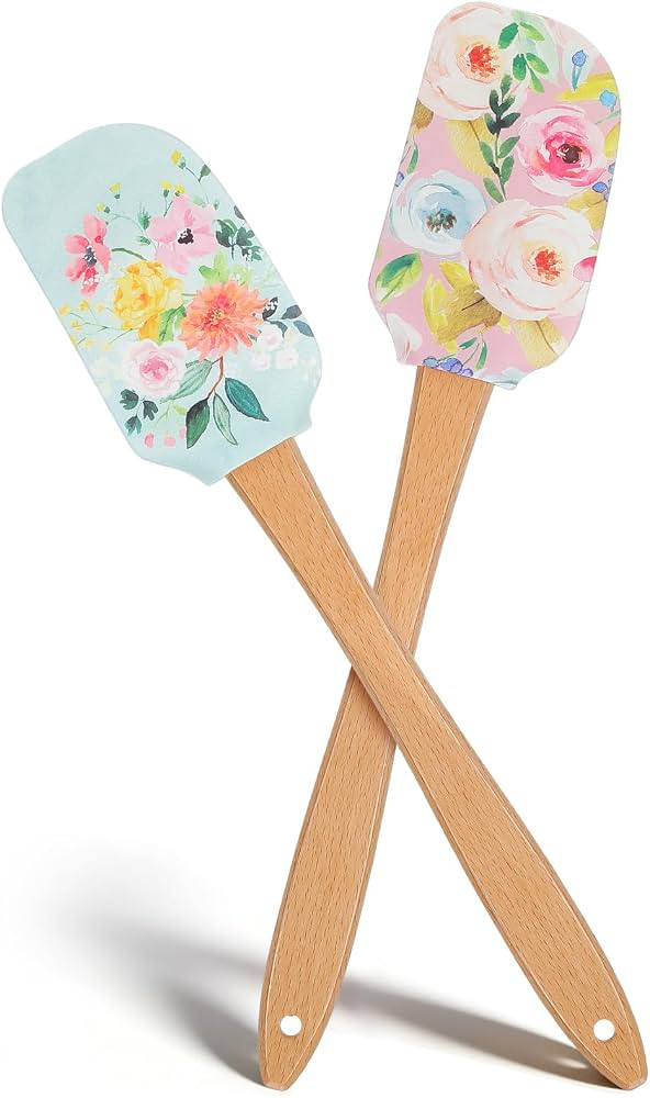 MAGICLULU 2Pcs Floral Silicone Spatula Set with Wooden Handle, Heat Resistant Rubber Scraper for ... | Amazon (US)