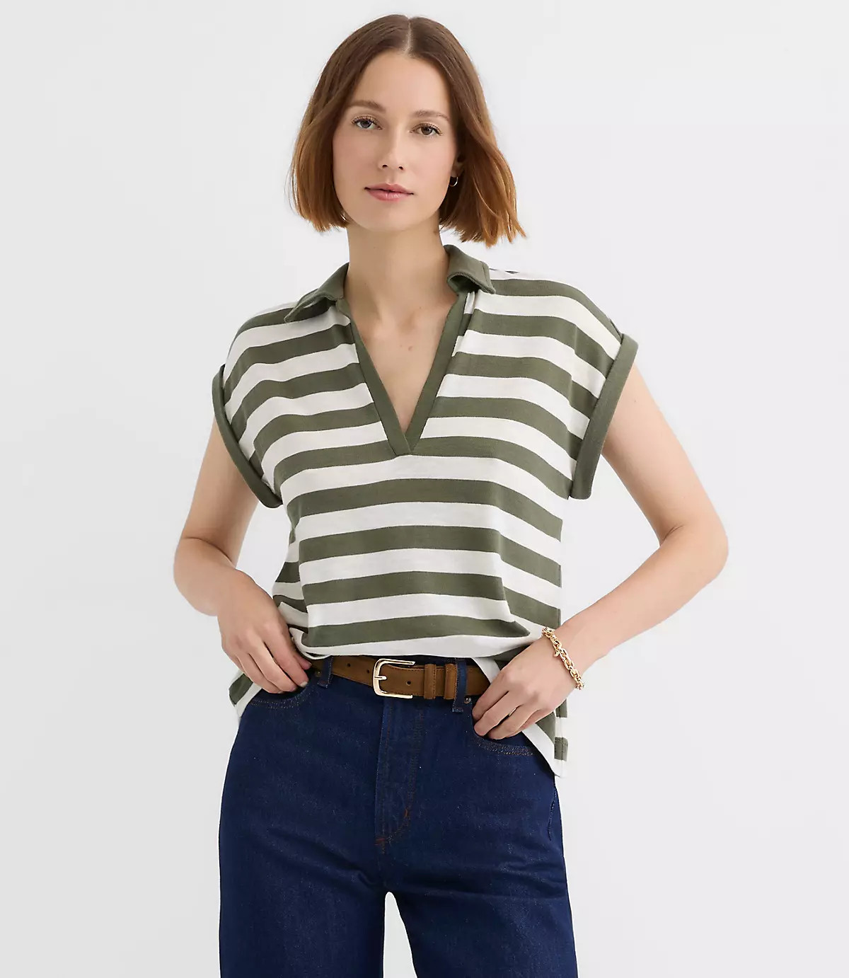 Stripe Collared Split Neck Top | LOFT