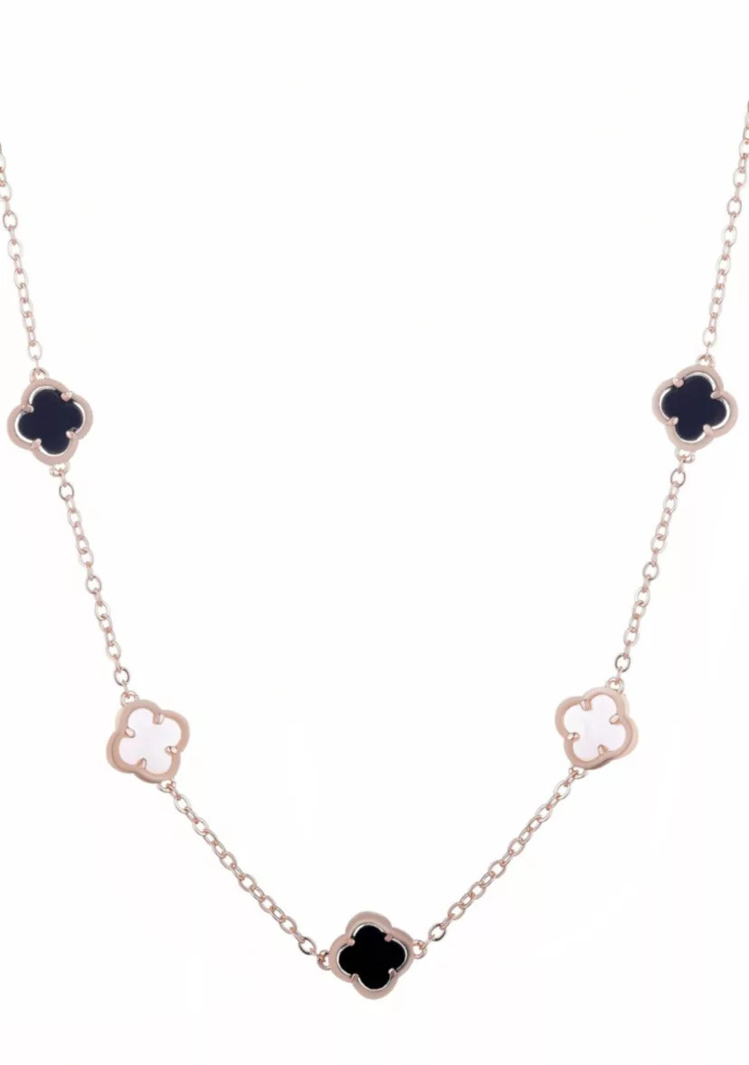 14k Rose Gold Plated Mixed Black and White Clover Station Necklace | Belk