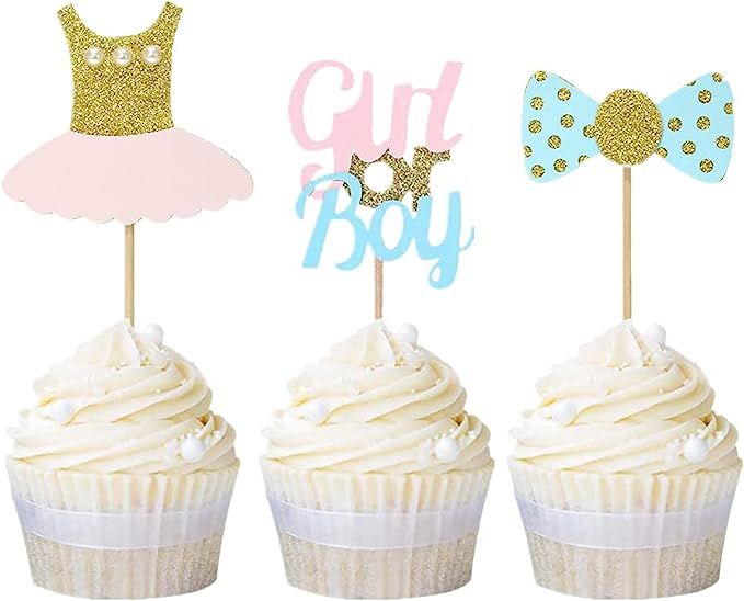 24 Pack Glitter Gender Reveal Cupcake Toppers,Pink and Blue Bow Tie and Tutu Dress Girl or Boy Cu... | Amazon (US)