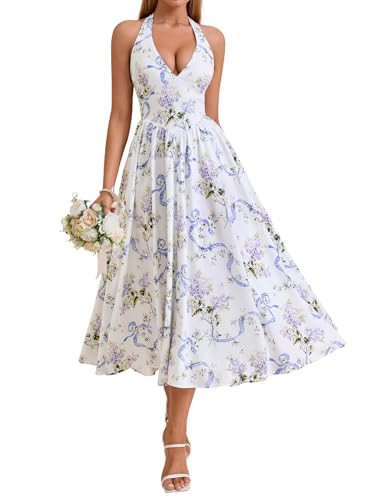Parthea Women's Summer Midi Dress Smocked Floral Halter V Neck Sundress Elegant Flowy A Line Beach Long Dresses | Amazon (US)