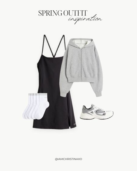 Spring outfit inspiration / casual leisure outfit
—
tennis dress, black tennis dress, errands outfit, H&M finds, a great spring or summer look, hooded  sweatshirt jacket, zipper jacket, chunky sneakers, white/grey sneakers, dry fit socks, activewear, leisure outfit, activewear styling, activewear looks, sporty look