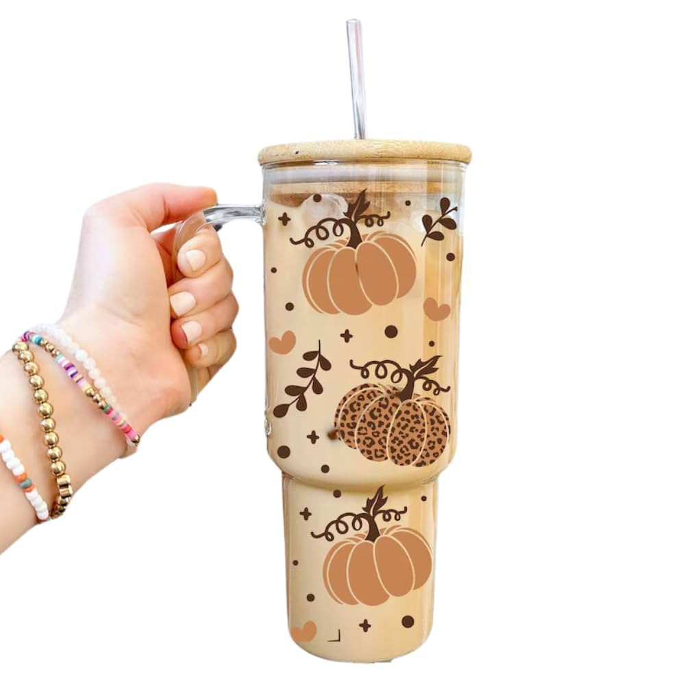 Leopard Pumpkin 40oz Glass Tumbler With Handle Lid and Straw, Fall Pumpkins Glass Tumbler, Fall C... | Amazon (US)