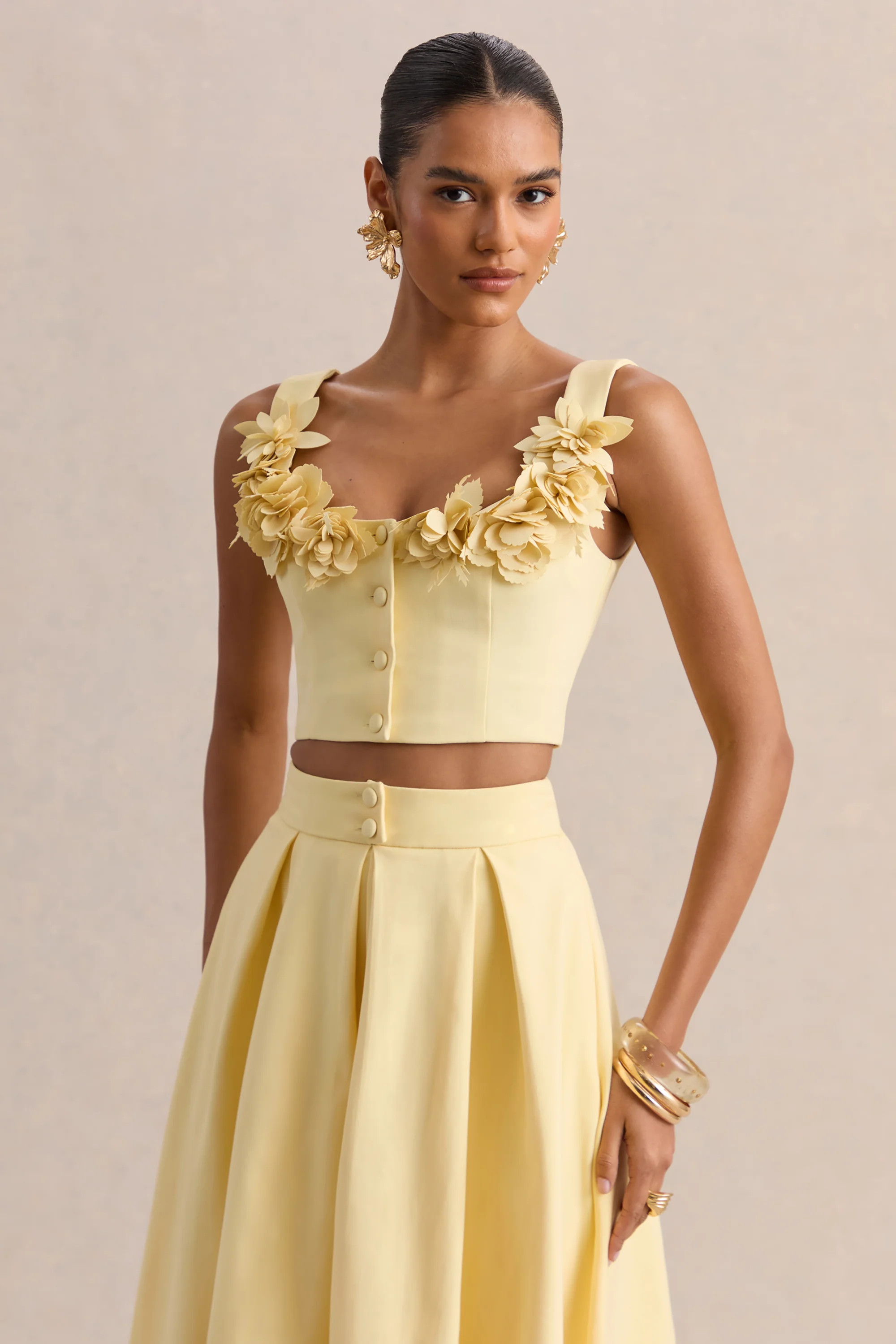 Caprielle | Lemon Scoop-Neck Crop-Top With Corsage Detailing | Club L London