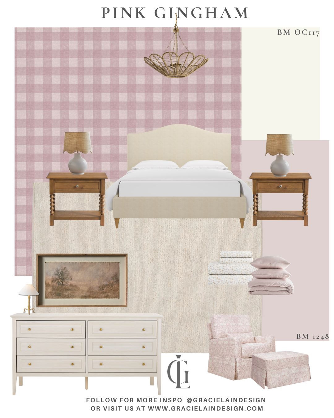 A lovely girl’s room wrapped in pink gingham wallpaper sets the tone for a dreamy, storybook space. Textural lighting casts the softest glow, while a plush wool rug and warm wood accents ground the room in comfort and charm. Beautiful landscape art adds a sense of wonder & a cozy chair and ottoman create the perfect nook for reading, relaxing, and daydreaming—completing this sweet, layered color story.

This is a space to dream, create, and feel at home.

Explore more inspired interiors at gracielaindesign.com ✨

#GirlsRoom #InteriorDesign #PinkAesthetic #CozySpaces #HomeInspo #DesignDetails #LayeredLiving #CharmingInteriors #WarmMinimalism #DreamySpaces #KidsRoomDesign #InteriorStyling #HomeDecorInspo #GracielainDesign 

 #LTKHome #LTKSaleAlert #LTKKids