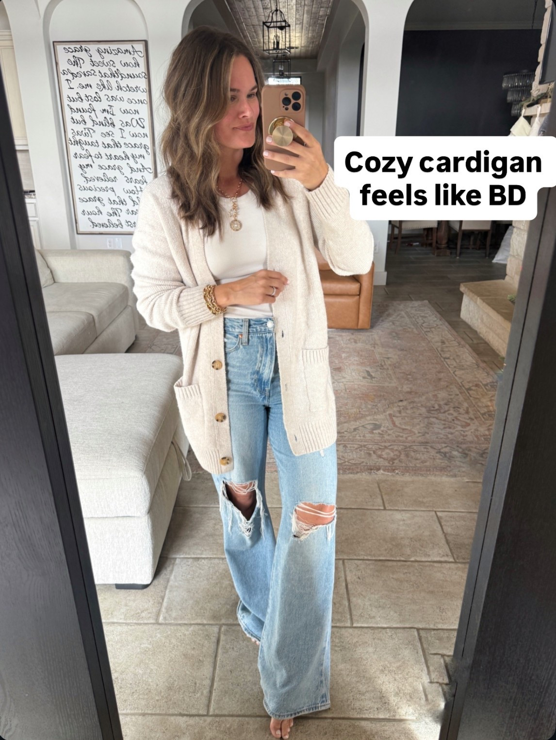Cozy cardigan feels like barefoot dreams but Walmart! Linked similar jeans. True sizing in all- can’t believe the necklace is under $10 and the tank has built in padding #casualoutfit #cozyoutfit #ootd 

#LTKFindsUnder50 #LTKgrwm #LTKootd