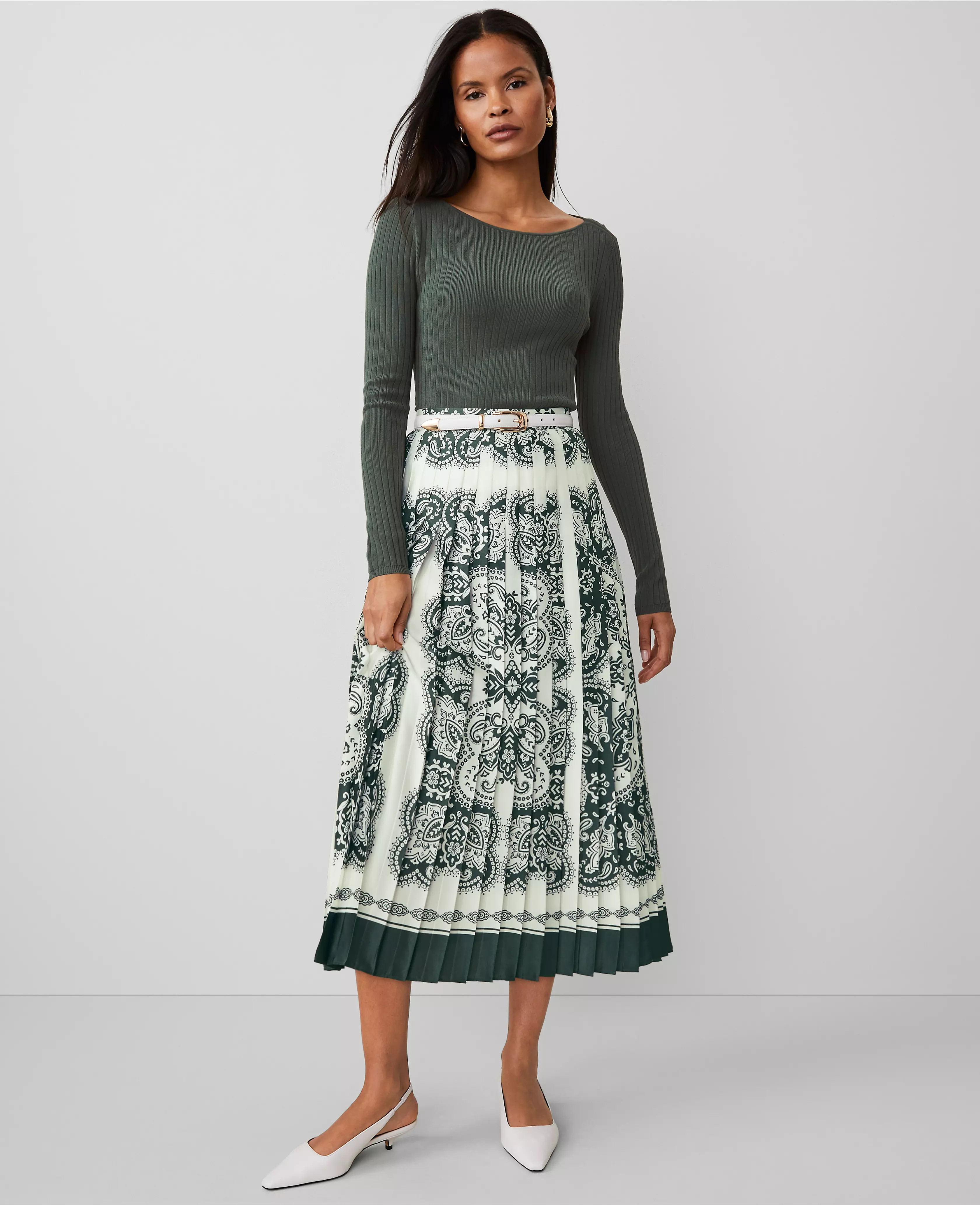 Paisley Satin Pleated Midi Skirt | Ann Taylor