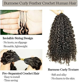 Burmese Curly Crochet Human Hair Extensions Invisible Pre-Separated Burmese Feather Crochet Hair ... | Amazon (US)