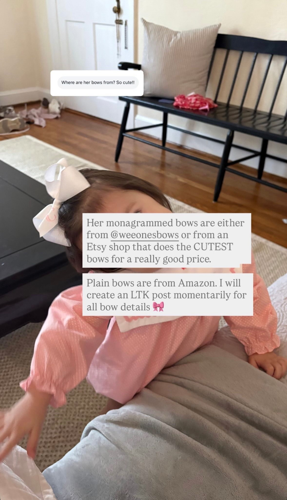Wee Ones are the best bows on Amazon. They’re great quality, I like the structure of the ribbon, and they are shaped really well.

Wee Ones: Medium, or Mini King
(Charlotte is pictured wearing medium)

Etsy Bows: 4”-5” 
