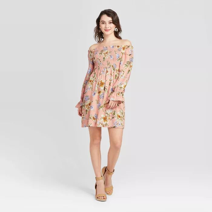 Women's Floral Print Long Sleeve Smocked Top Mini Dress - Xhilaration™ Pink | Target