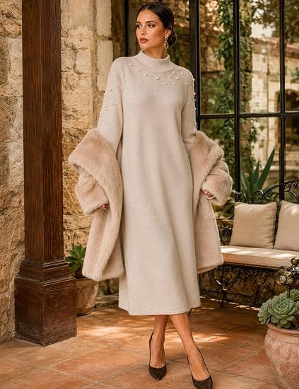 CiCiBird Womens Pearl Sweater Dress Long Sleeve Maxi Dresses | Loose Fit, Mock Neck, Puff Sleeves... | Amazon (US)