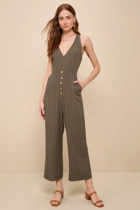 Adorably Sophisticated Olive Green Striped Cropped Jumpsuit | Lulus