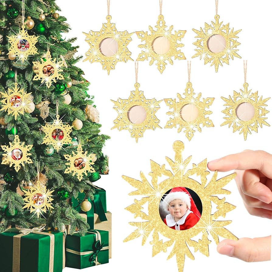 12 Pieces Snowflake Photo Ornament Wooden Glitter Gold Christmas Tree Ornaments Xmas Picture Fram... | Amazon (US)