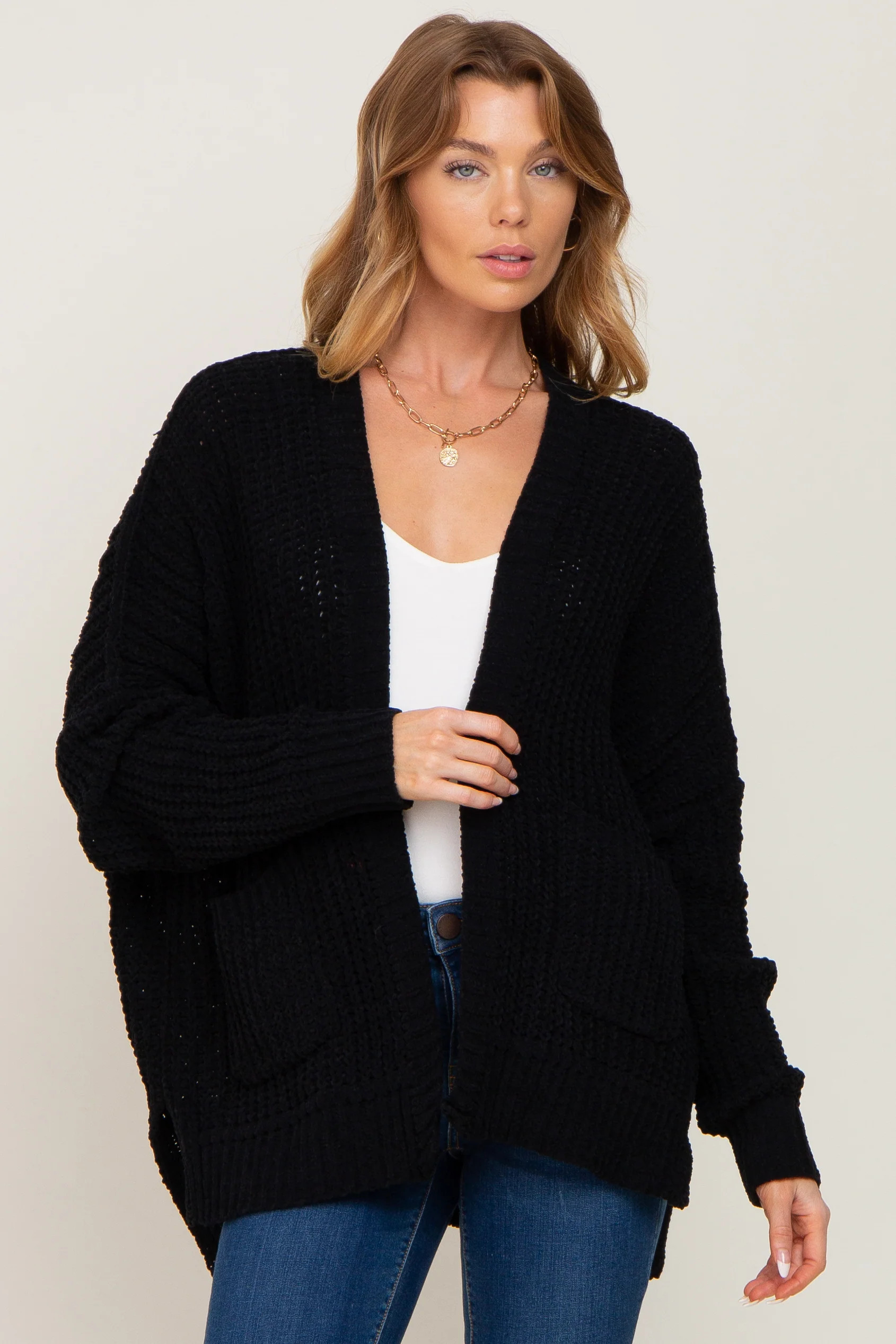 Black Chunky Knit Oversized Cardigan | PinkBlush Maternity
