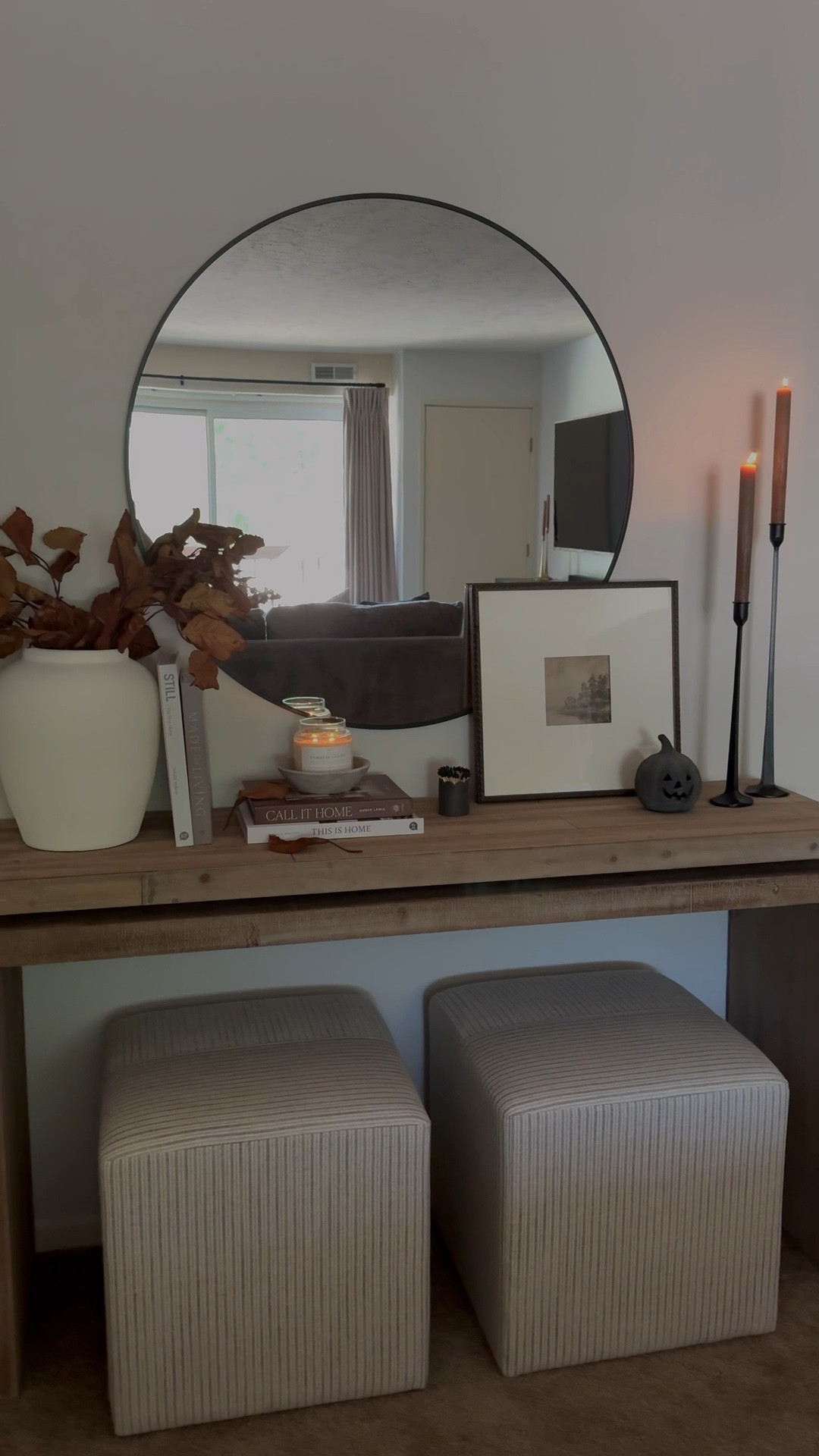 Console table, entryway decor, round mirror, Lowe’s decor, Wayfair decor, Wayfair console, stripe ottomans, Target, fall styling, fall decor, candlesticks, brown candlesticks, brown stems, fall stems, coffee table books, black iron tapers, candle bowl, luxebco, white vase, luxenhomevase

#LTKSeasonal #LTKSaleAlert #LTKHome