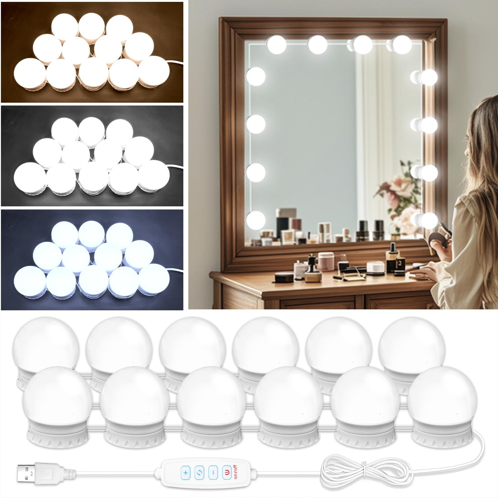 LED Vanity Mirror Lights with 12 Stick On Dimmable Bulbs, 3000K 4500K 6500K & 10 Brightness Level... | Amazon (US)