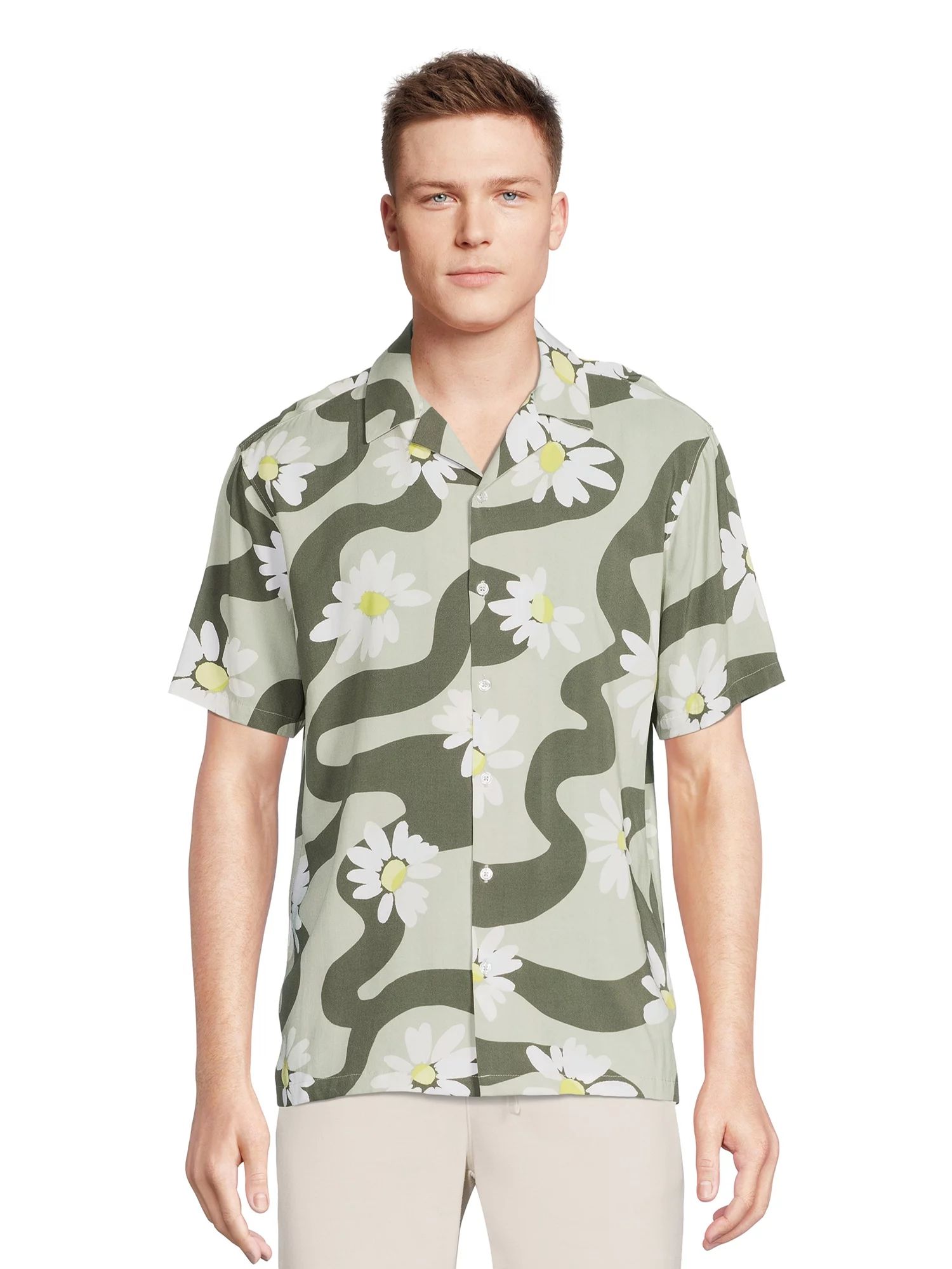 No Boundaries Men's Print Button Front Resort Shirt with Short Sleeves, Sizes XS-3XL | Walmart (US)