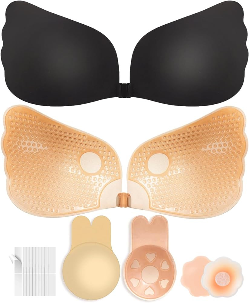 Becoogirl 4 Pairs Sticky Bra 2023 Newest Strapless Backless Adhesive Bra for Women(Black and Nude... | Amazon (US)