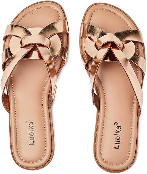 Luoika Women's Wide Width Flat Slides Sandals, Slip on Slide Sandal Casual Comfortable Summer Bea... | Amazon (US)
