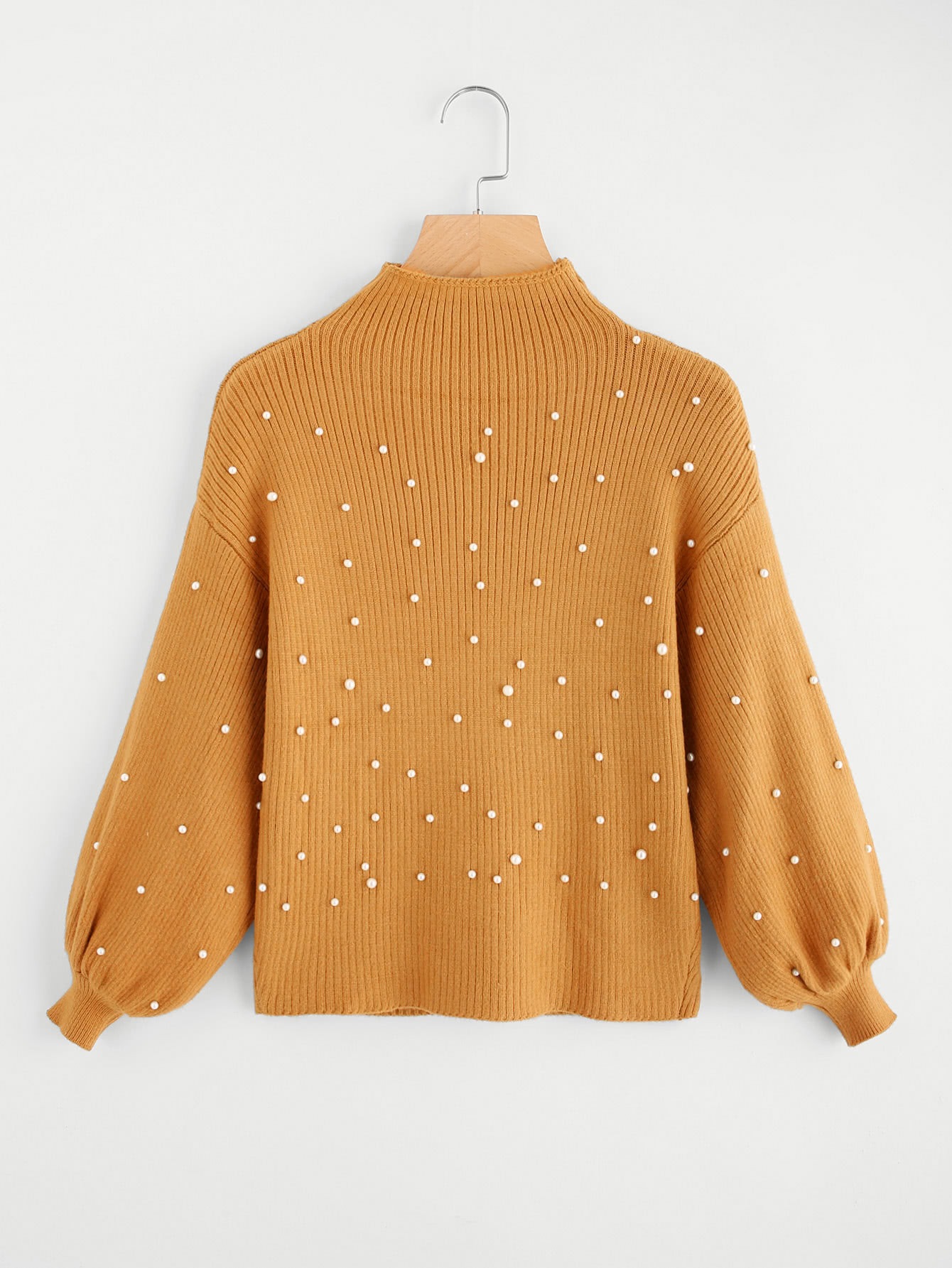 Pearl Beading Mock Neck Balloon Sleeve Jumper | SHEIN