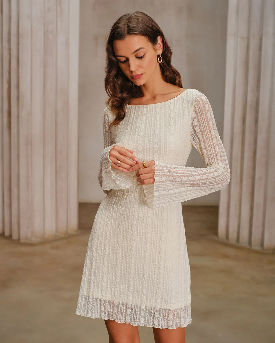 Apricot Lace Bell Sleeve Mini Dress | rihoas.com