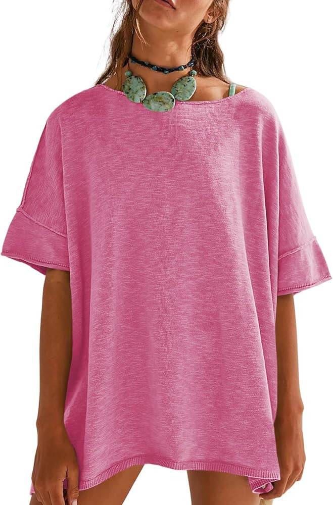 Tankaneo Women's Oversized T Shirts Casual Summer Crew Neck Loose Dropped Short Sleeve Side Slit ... | Amazon (US)