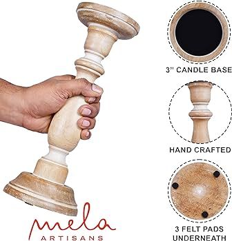 Mela Artisans Whitewashed Hand Carved Wooden Pillar Candle Holders - Set of 3 | Tuli Decorative S... | Amazon (US)