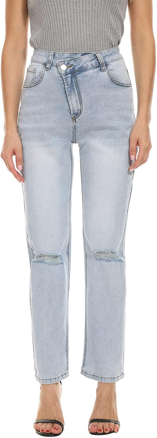 Women Straight Ripped Jeans Waist Crossover Classic Relaxed Fit Mid Rise Distressed Comfortable D... | Amazon (US)