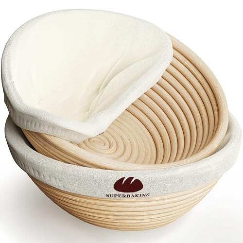 Superbaking Banneton Bread Proofing Basket Set of 2, 9" Splinter-Free Round Rattan Bread Basket with Liners, Sourdough Starter Kit, Sourdough Bread Baking Supplies & Sourdough Kit, Bread Making Tools | Amazon (US)