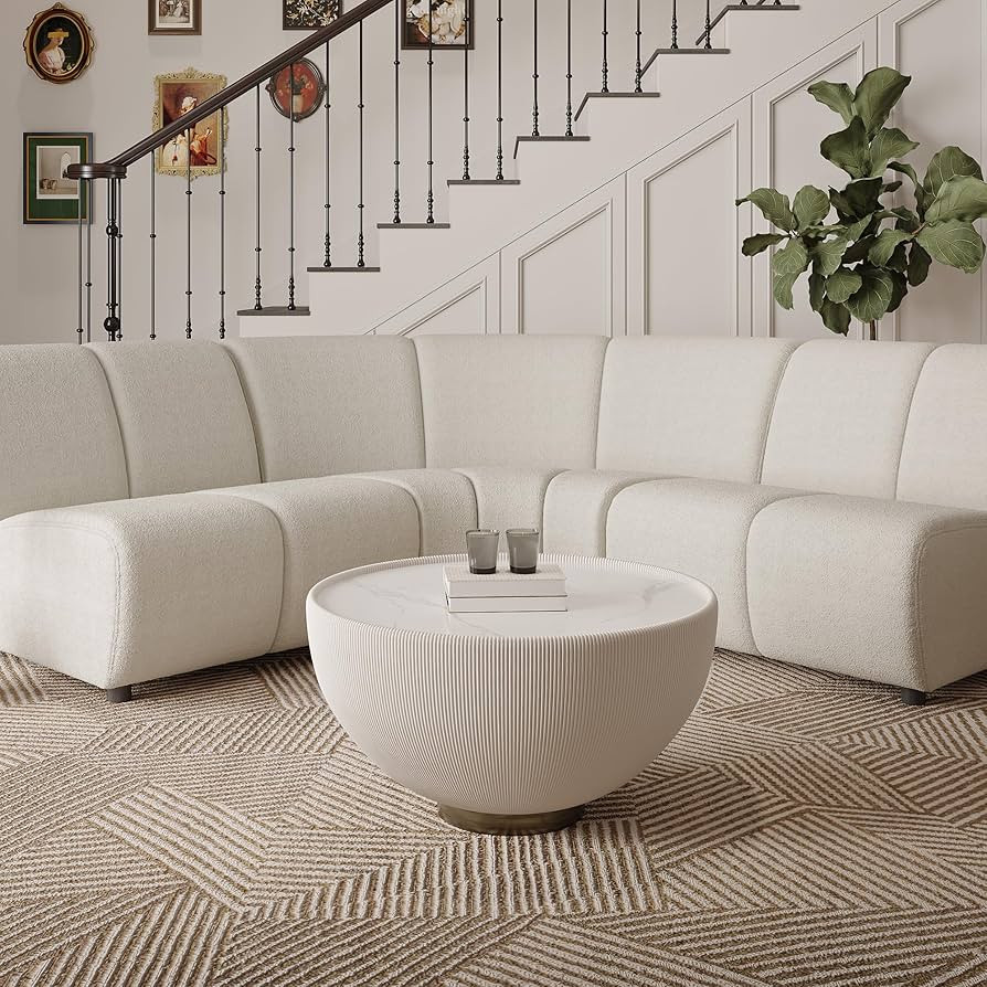 Amazon.com: POVISON Modern Round Coffee Table, Drum Coffee Table with Sintered Stone Tabletop, Fl... | Amazon (US)