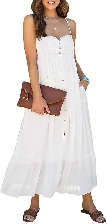 Dokotoo Womens Summer Dresses 2024 Sleeveless Spaghetti Strap Button Down Smocked Beach Long Maxi... | Amazon (US)
