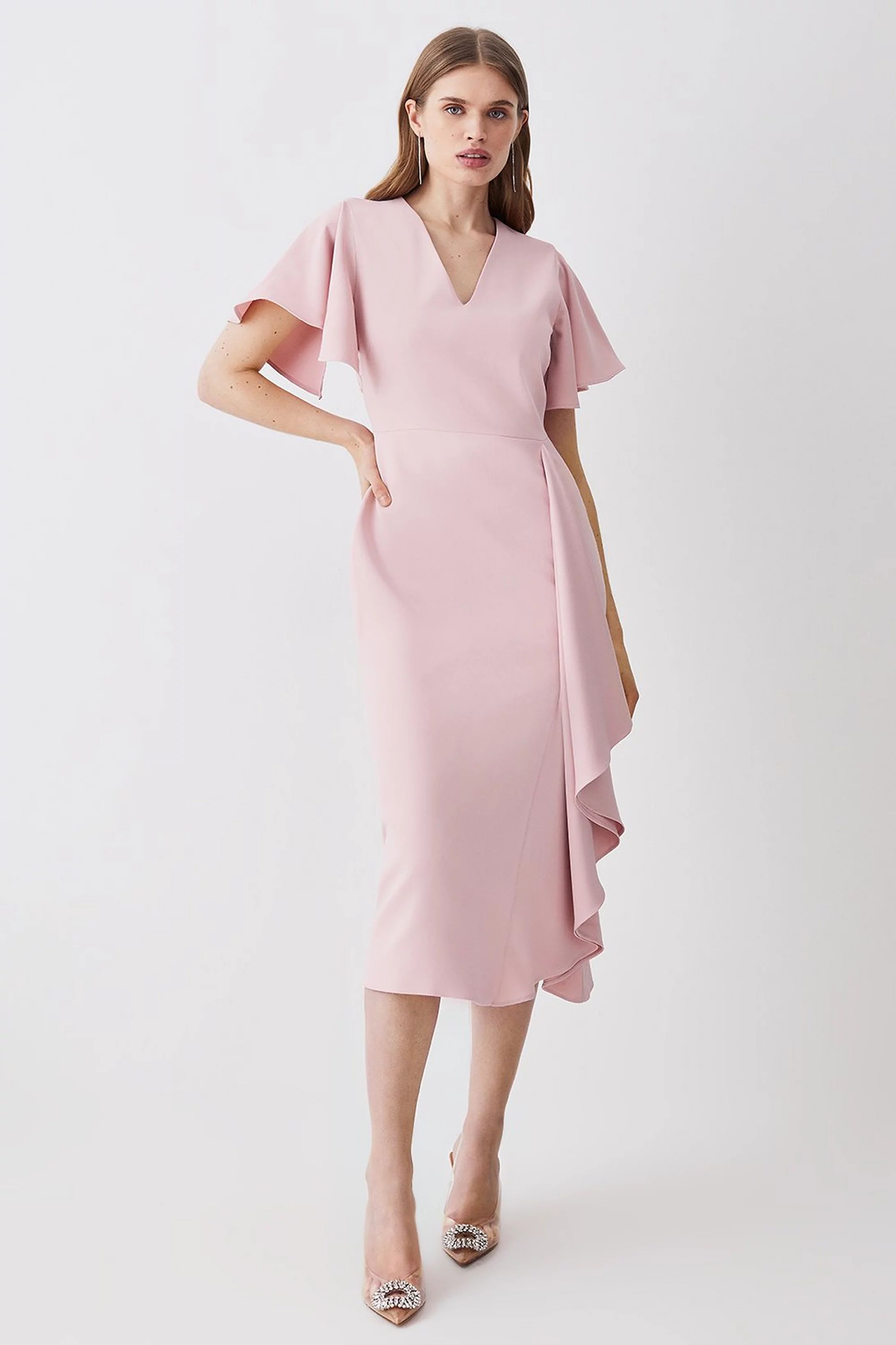 Soft Tailored Angel Sleeve Drape Midi Dress | Karen Millen US