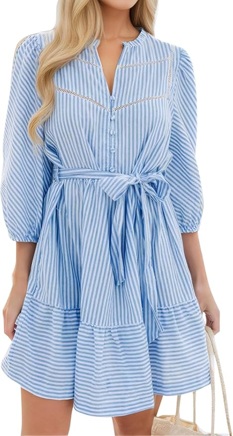 ECOWISH Women Striped Shirt Dress: Casual V Neck Button Down 3/4 Sleeve Belted Ruffle Flowy Midi ... | Amazon (US)