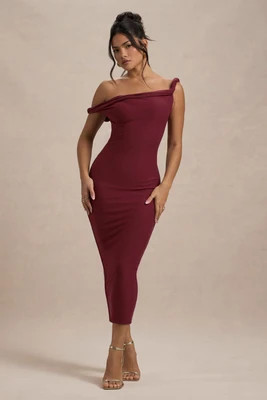 Salome | Berry Twisted Asymmetric Midi Dress | Club L London
