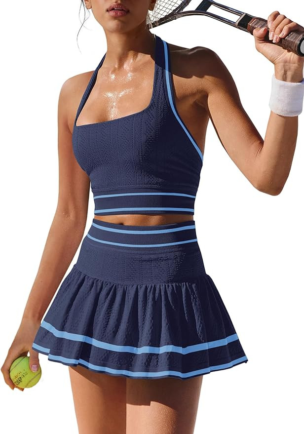ReachMe Womens Two Piece Tennis Skirt Set 2 Piece Golf Outfits Halter Top and Mini Skorts Matchin... | Amazon (US)