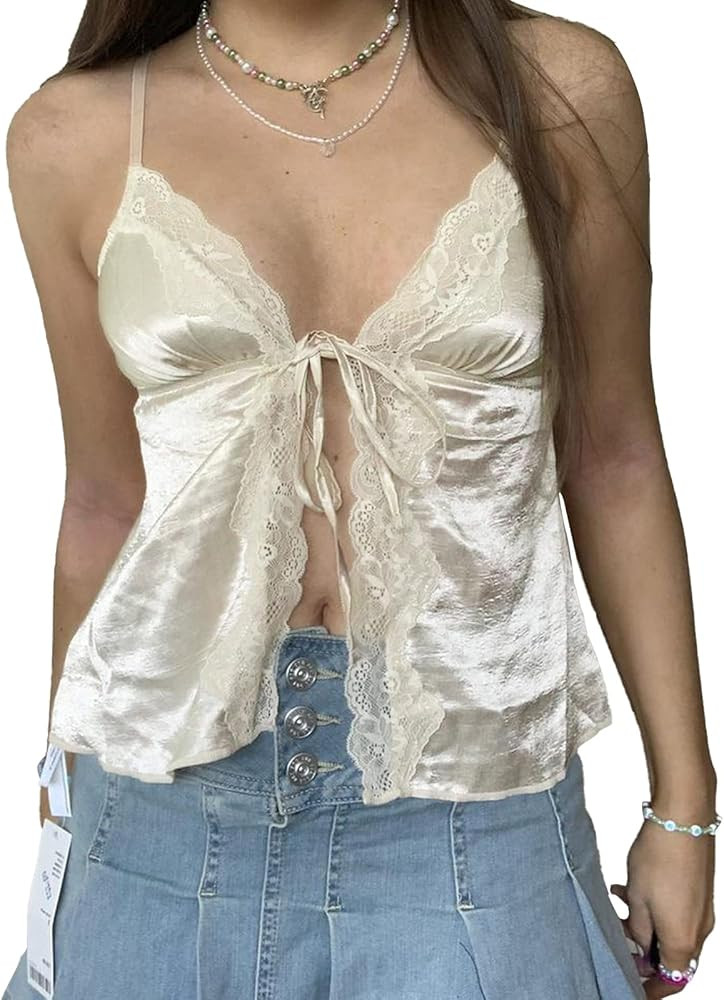 Women's Y2K Lace V Neck Camis Spaghetti Strap Cami Crop Top Split Hem Tank Top Cute Fairy Lace Tr... | Amazon (US)
