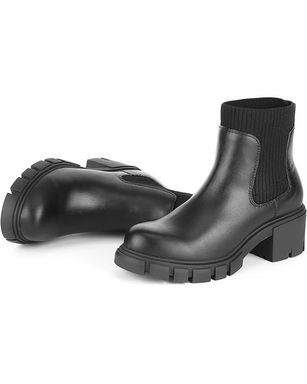FITORY Womens Chelsea Boots, Elastic Ankle Booties with Chunky Mid Heel and Lug Sole, Comfy Trend... | Amazon (US)