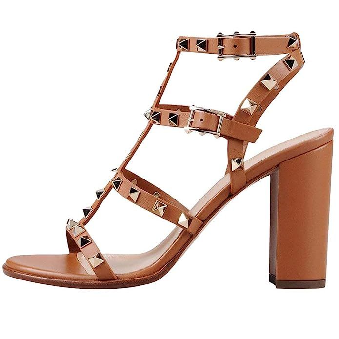 Comfity Sandals for Women,Rivets Studded Strappy Block Heels Slingback Gladiator Shoes Cut Out Dr... | Amazon (US)