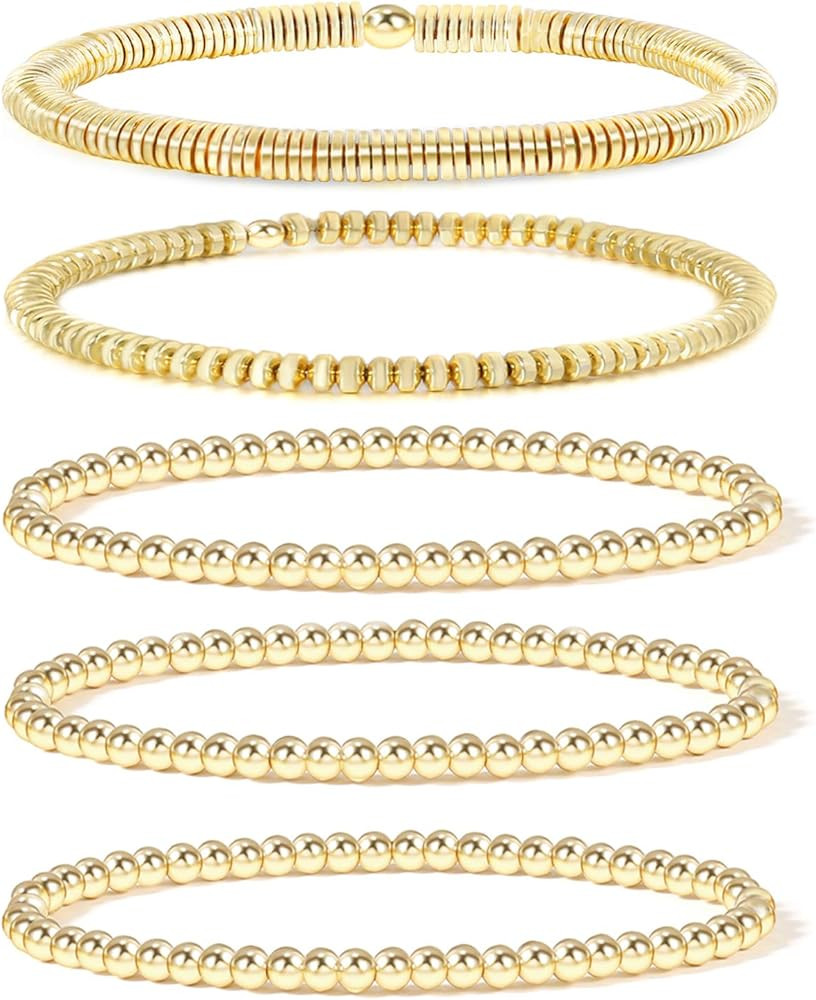 14K Gold Beaded Bracelets for Women,Dainty Gold Plated Chain Link Bracelet Stretchable Adjustable... | Amazon (US)