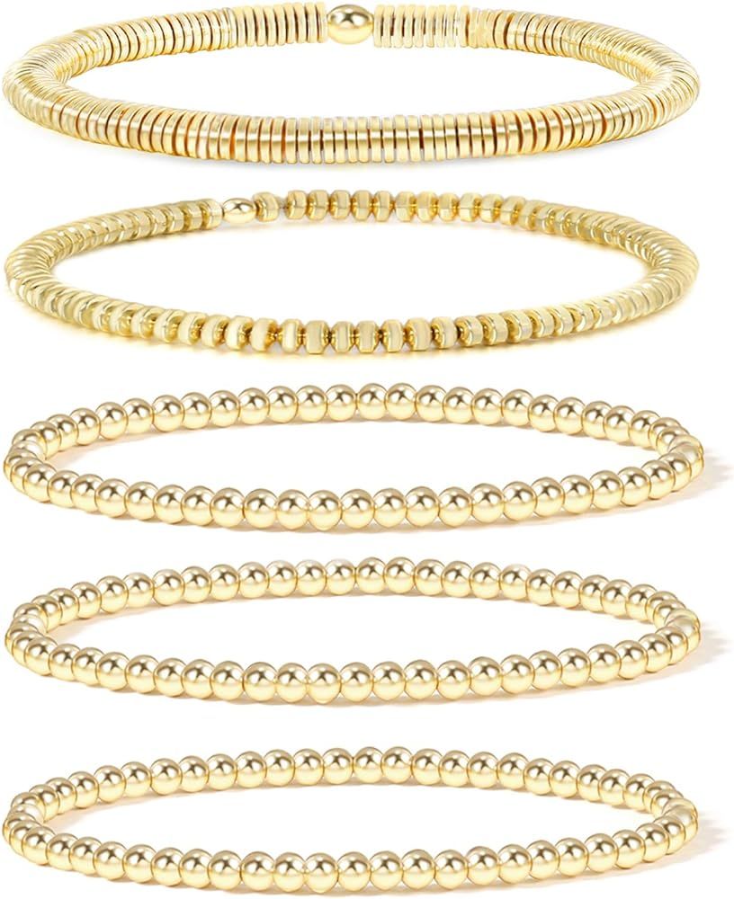 14K Gold Beaded Bracelets for Women,Dainty Gold Plated Chain Link Bracelet Stretchable Adjustable... | Amazon (US)