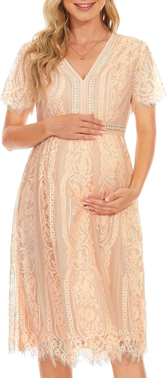 Boho Lace V Neck Maternity Midi Dress/Empire Waist Maternity Dress Baby Shower Summer | Amazon (US)