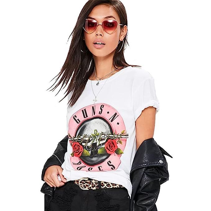 Women's Guns N Roses Print Short Sleeve Casual Loose White T-Shirt Blouse Tops | Amazon (US)