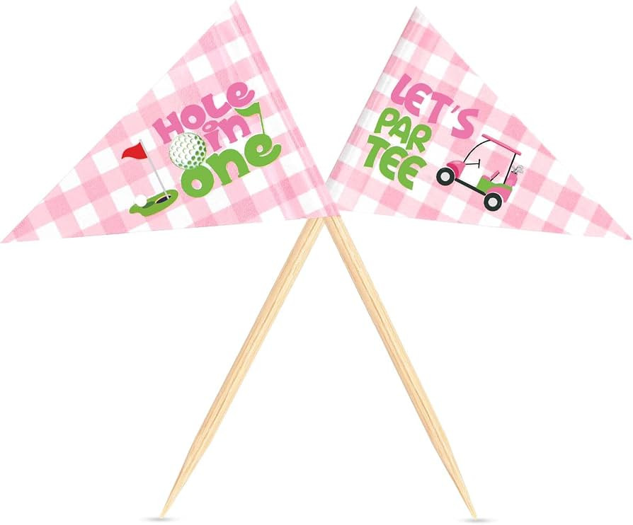 100 Pcs Pink Plaid Golf Themed Toothpick Flags Hole in One Cupcake Toppers Birthday Decorations M... | Amazon (US)