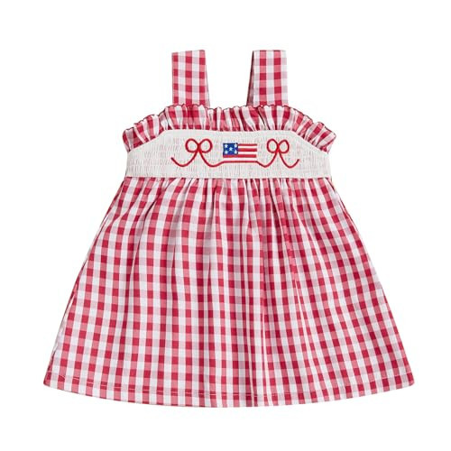 Toddler Baby Girl 4th of July Outfit American Flag Bow Smocked Dress Plaid Ruffle A-Line Dress Patriotic Clothes (Red, 12-18 Months) | Amazon (US)